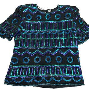 Laurence Kazar Top Women Large Black Purple‎ All Embellished Silk VTG Formal